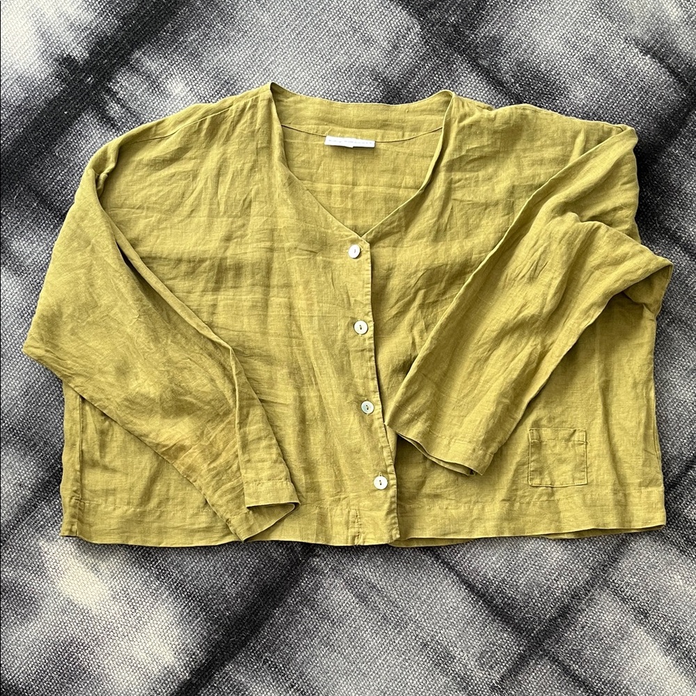 bryn Walker Olive/Tan Button-Down Linen Shirt/Cardigan